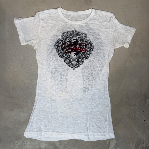 Sinful by Affliction Tops - Sinful by Affliction Womens White Burnout Graphic T-Shirt Wings Crest Red Foil L